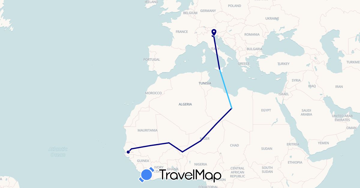 TravelMap itinerary: driving, boat in Gambia, Italy, Libya, Mali, Niger, Senegal (Africa, Europe)