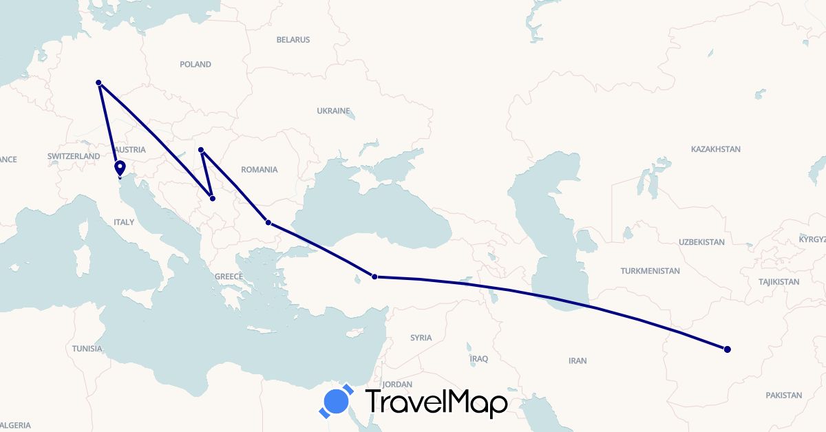 TravelMap itinerary: driving in Afghanistan, Bulgaria, Germany, Hungary, Italy, Serbia, Turkey (Asia, Europe)
