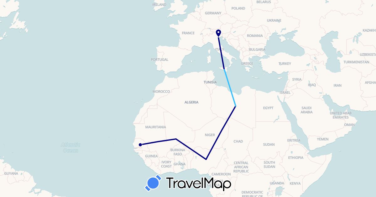 TravelMap itinerary: driving, boat in Italy, Libya, Mali, Nigeria, Senegal (Africa, Europe)